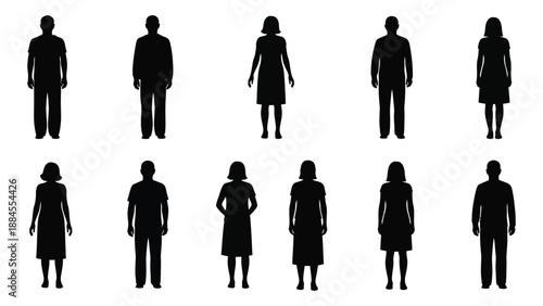 Silhouettes of people in various poses isolated on white background, Vector
