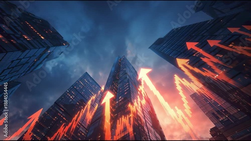 Skyscrapers seamlessly morphing into upward-pointing arrows and flowing financial graphs, rising into the sky to represent economic growth, bullish markets, and long-term prosperity.