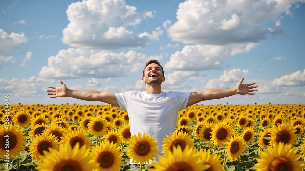 Obraz premium Happy young man with open arms standing in a sunflower field. Enjoying nature and freedom on a sunny summer day