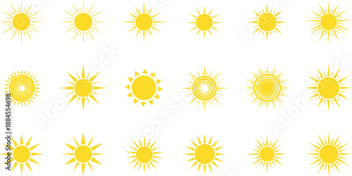Sun icon and symbol illustration set with multiple radiant sunburst styles for weather apps, summer design, infographics, backgrounds, and flat vector graphics