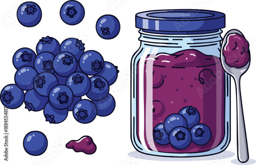 Blueberry Jam Illustration with Fresh Berries and Spoonful