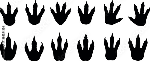 Animal footprint silhouette icon set with paw and track shapes for wildlife research, nature education, hunting guides, and flat vector illustration