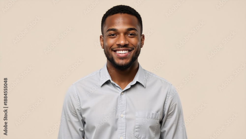 Obraz premium Portrait of a happy young african american man smiling. Confident black male professional looking at the camera in a studio headshot