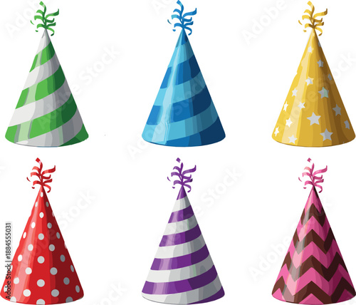 Colorful party hat illustration set with striped polka dot and star patterns for birthday celebrations, festive events, decorations, and playful flat vector design