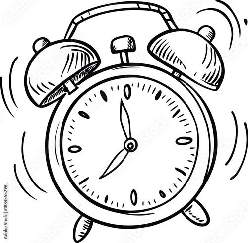 A black and white sketch depicts a ringing classic alarm clock showing