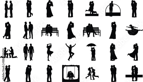 Romantic couple silhouettes collection showing love, dating, hugging, kissing, proposing and joyful moments, relationship illustration isolated on white background