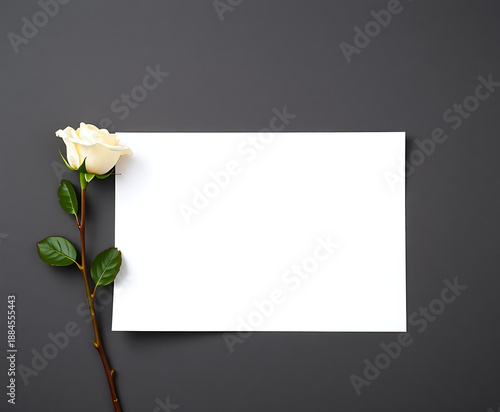 Romantic Blank White Paper with White Roses on Dark Background