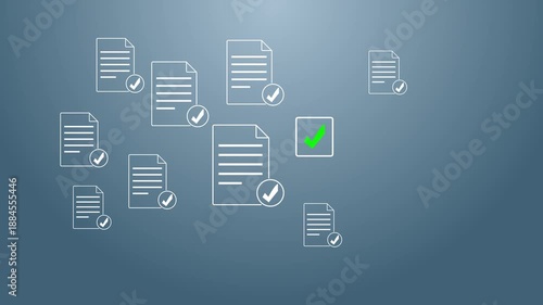 Business person using a laptop with document icons with checkmarks representing document management, quality control, and digital work flow. Motion graphics of document verify concept