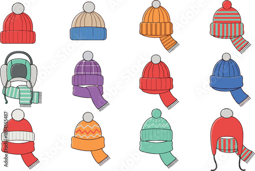 Winter hat and scarf illustration set with colorful knitted beanies pom pom caps and warm accessories for cold weather fashion and flat vector design