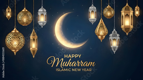 Happy muharram islamic new year greeting with glowing crescent moon and ornate lanterns