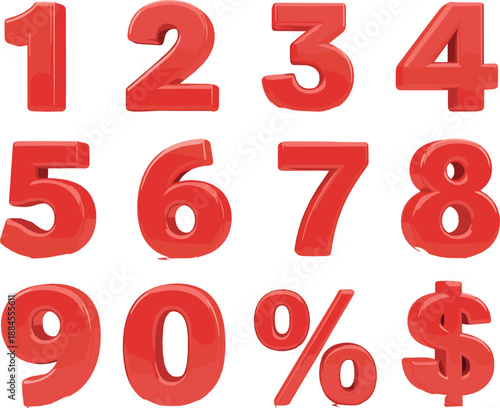 Red glossy 3D number and symbol set with digits percent and dollar signs for pricing design, sale promotions, financial graphics, and modern vector illustration