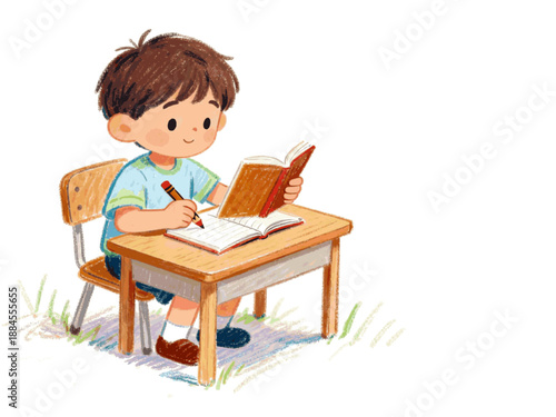 Crayon drawing of little boy studying