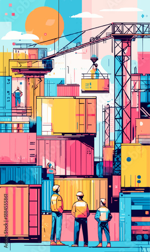 Cargo port activity with workers managing colorful containers and cranes under a bright sky