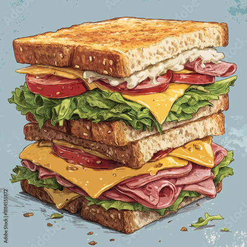 Club sandwich showing layers of ham, cheese, lettuce, tomato, and toasted bread