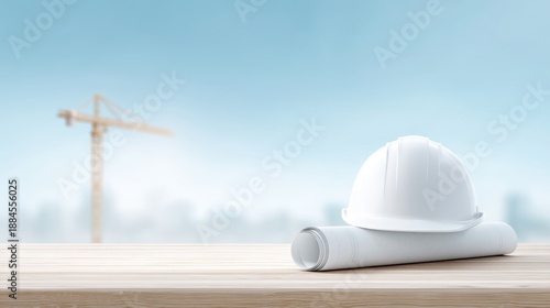 Wallpaper Mural White hard hat sits on top of a stack of blueprints. House marketing. Torontodigital.ca