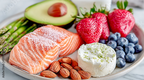 A plate featuring raw salmon, fresh avocado, asparagus, almonds, goat cheese, strawberries, and blueberries