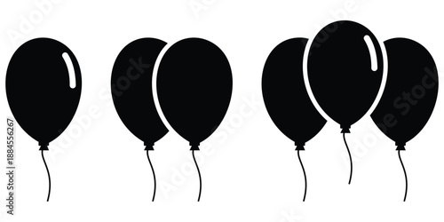Black Filled Balloon Icon Set – Party Decoration, Celebration, Birthday and Festive Event 
Vector Symbols