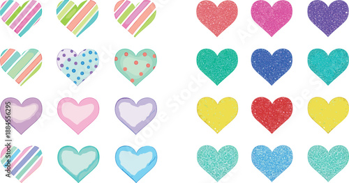 Vector illustration set featuring eighteen diverse hearts with animal print leopard patterns polka dots and stripes for romantic designs