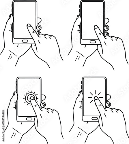Person's hand holding smartphone and touching screen illustration