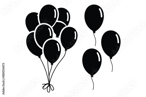 Black Filled Balloon Icon Set – Party Decoration, Celebration, Birthday and Festive Event 
Vector Symbols