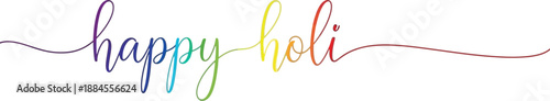 Happy holi text in colorful rainbow gradient calligraphy