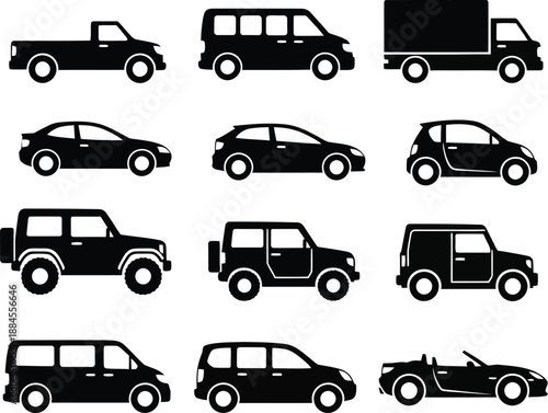 Collection of diverse vehicle silhouettes, including cars, trucks, and suvs