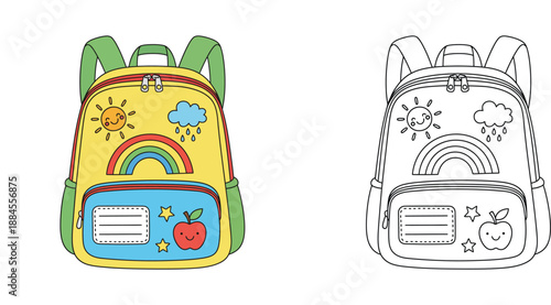 Cute School Backpack Vector Illustration with Color and Line Art Versions for Kids Coloring Book, Back to School Bag with Rainbow Sun and Apple Icons for Children Educational Activity