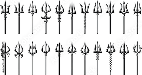 Set of black trident and harpoon silhouettes, mythical sea weapon icons, vector illustration isolated on white background, various ancient spear designs for ocean gods.