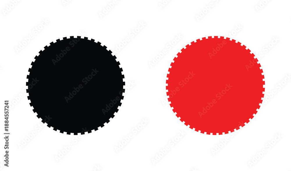 Fototapeta premium Two circular shapes, one solid black and one bright red, with small tooth-like indentations