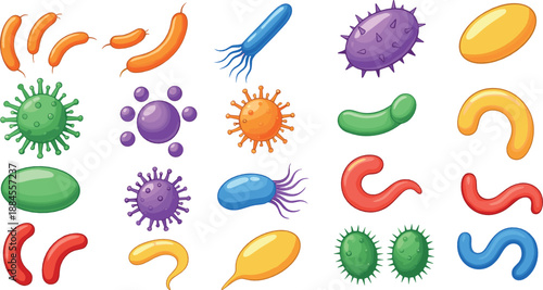 Colorful cartoon bacteria and microbe illustration set with various virus germ shapes for biology education, healthcare graphics, science projects, and flat vector design