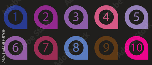 A grid of ten vibrant, numbered map pin icons, each with a unique color, displayed against a dark, minimalist background.