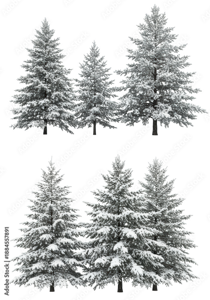 Fototapeta premium six photorealistic evergreen trees (pine, spruce, fir) heavily covered in fresh snow, isolated on a transparent studio background with high-key lighting. concept of winter minimalism and purity