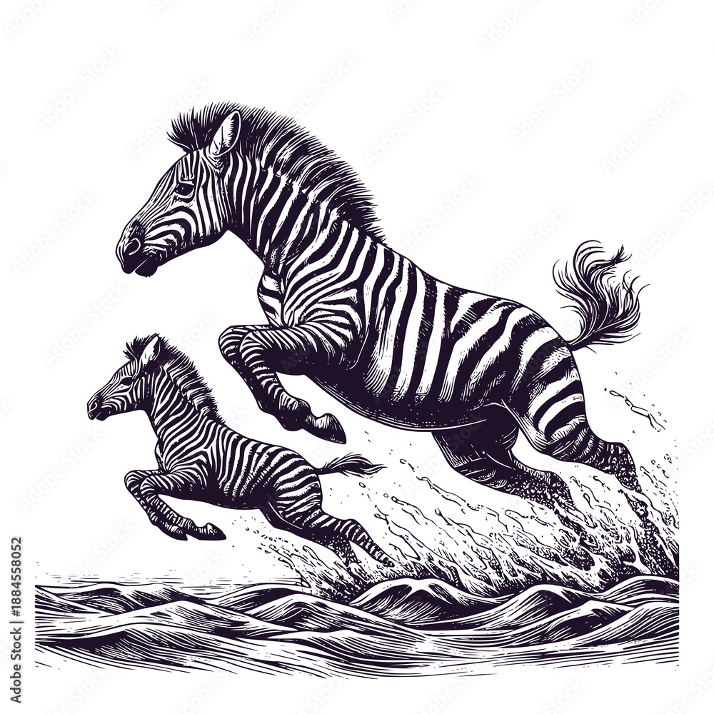 Fototapeta premium zebra and zebra calf jumping over river