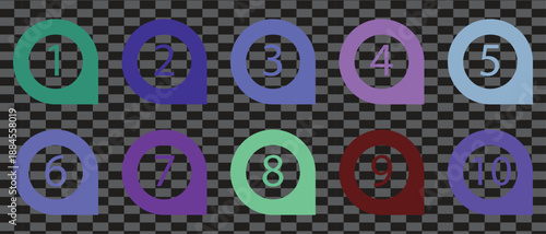 Collection of ten colorful numbered location pin icons on a transparent background, ideal for mapping or step-by-step instructions.