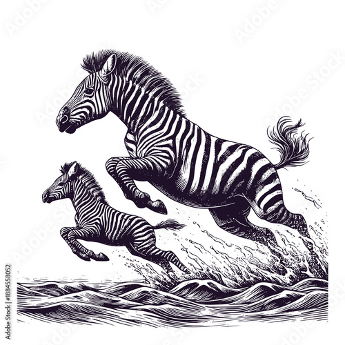 zebra and zebra calf jumping over river