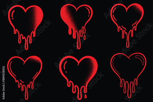 Stylized Dripping Red Hearts Collection Portraying Deep Emotions of Love, Passion, or Heartbreak