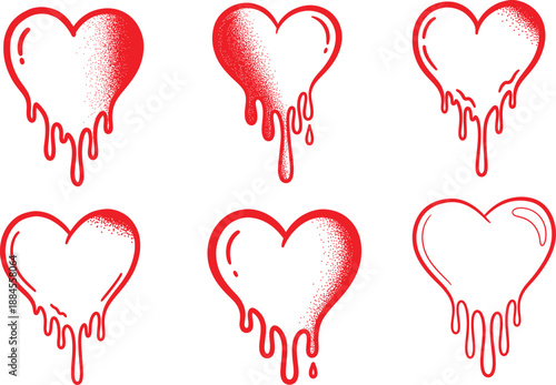 Red dripping hearts illustrations isolated on white background, vector graphics