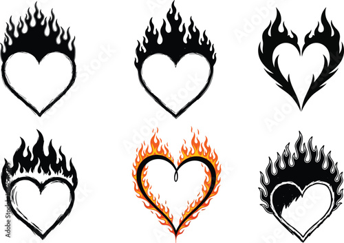 Set of six burning heart illustrations in a vector graphic