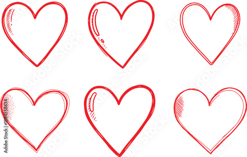 A charming collection of six hand-drawn red heart outlines, perfect for expressing love and affection in various design projects