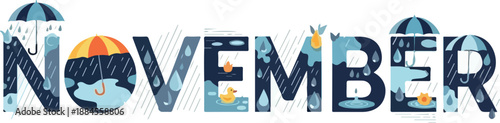 Creative Typography of the Word 'November' Featuring Weather Elements and Seasonal Illustrations