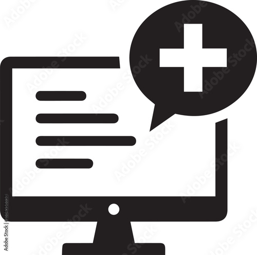 Telemedicine and digital health icon featuring a computer monitor with a medical cross speech bubble, representing online consultation, electronic patient records, and e-health services.