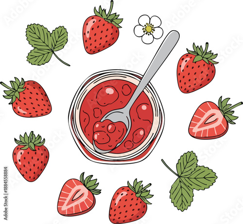 Strawberry Jam Jar with Fresh Berries and Green Leaves Illustration
