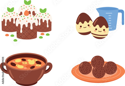 Vector illustration set featuring frosted cakes kawaii chocolate eggs a measuring cup hearty soup and textured dessert truffles