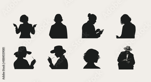 Silhouettes of diverse women in various poses and hat styles against a neutral background