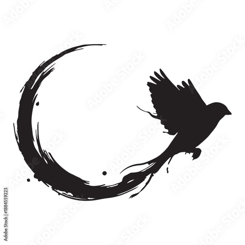 Black silhouette bird in flight with crescent brush stroke on white background