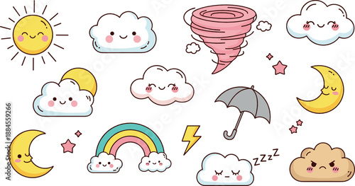 Cute kawaii weather icon set with smiling sun moon clouds rainbow tornado and lightning for kids design, stickers, apps, and flat vector illustration