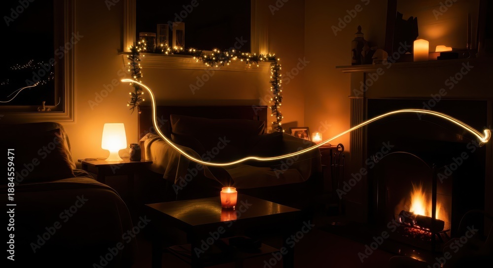 Fototapeta premium Interior nighttime scene illuminated by various warm lights and an abstract light trail across the room.