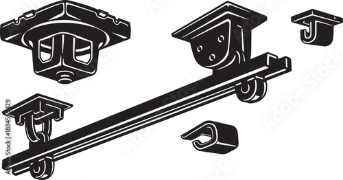 Industrial metal rail and wheel components in black illustration