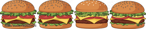 Vector illustration set featuring gourmet burgers with sesame buns lettuce and tomato in clean and hand-drawn sketched styles