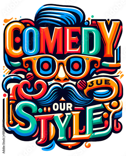 Whimsical Comedy Art with Mustache and Glasses – Vibrant Pop Style Illustration
